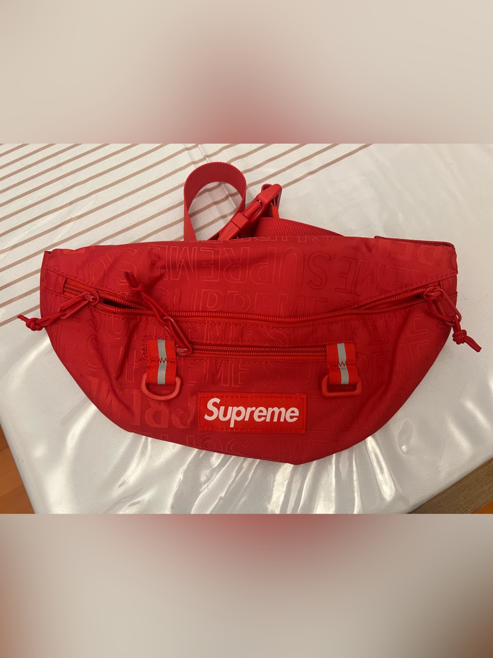 Supreme Red Embossed Logo Crossbody Waist Bag